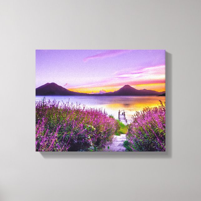 brown wooden dock between lavender flower field canvas print (Front)