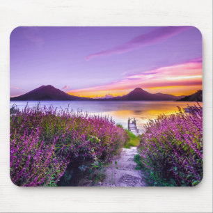 brown wooden dock between lavender flower field mouse mat