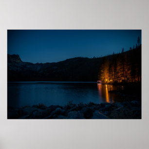 BROWN WOODEN DOCK ON BLUE LAKE DURING NIGHT TIME POSTER
