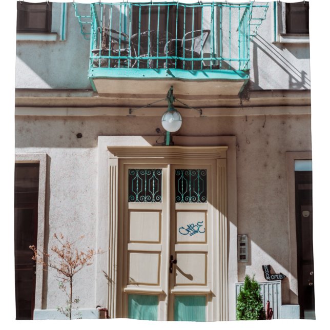 Brown wooden door on white concrete building shower curtain (Front)