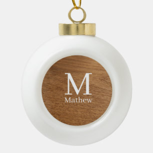 brown wooden frame rustic name monogram pattern si ceramic ball christmas ornament