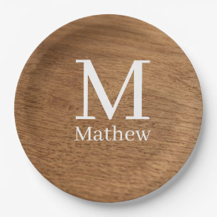 brown wooden frame rustic name monogram pattern si paper plate