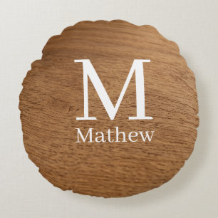 brown wooden frame rustic name monogram pattern si round cushion