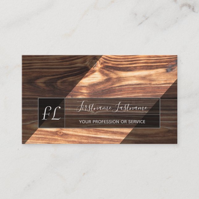 Brown wooden plank surface grey triangle monogram business card (Front)