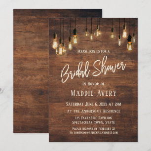 Brown Wooden Wall w/ Edison Lights Bridal Shower Invitation