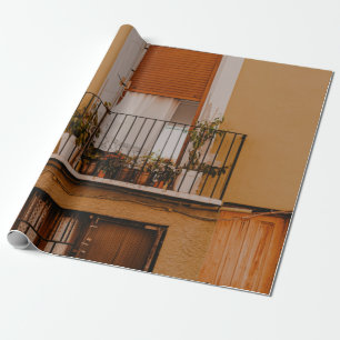 BROWN WOODEN WINDOW FRAME WITH GREEN PLANTS WRAPPING PAPER
