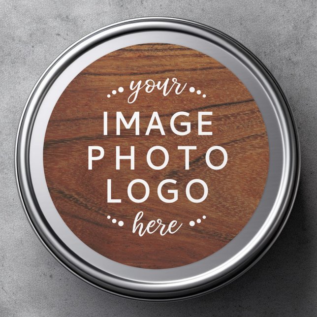 Brown woodgrain your image text logo here classic round sticker (Round sticker with brown wood grain background and your image, text or logo)