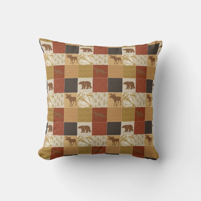 Brown Woodland Bears Patchwork Moose Fox Wildlife Cushion (Front)
