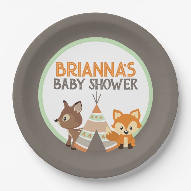 Brown Woodland Camper Teepee Fox Baby Shower Paper Plate (Front)