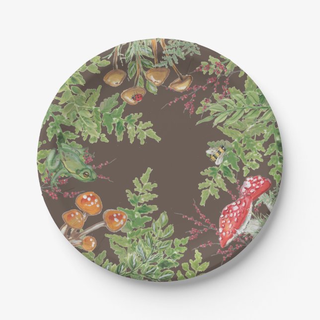 Brown Woodland Frog Bee Mushroom Rustic Picnic Paper Plate (Front)