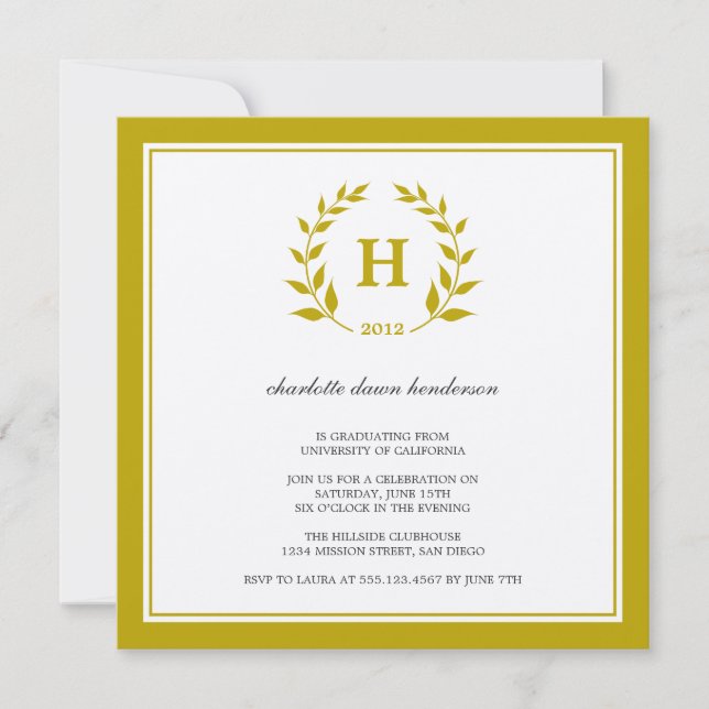 Brown wreath monogram graduation class invitation (Front)