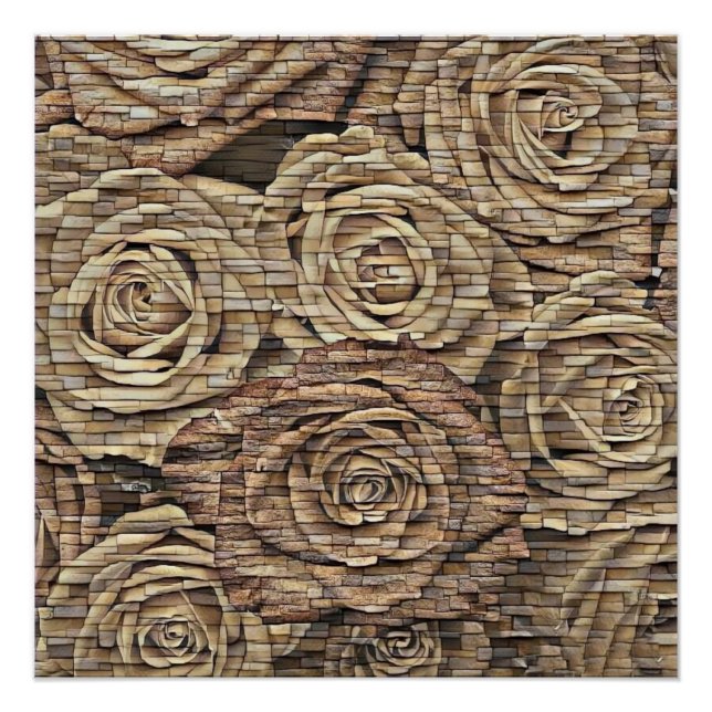 Brown yellow beige roses stone wall modern drawing poster (Front)