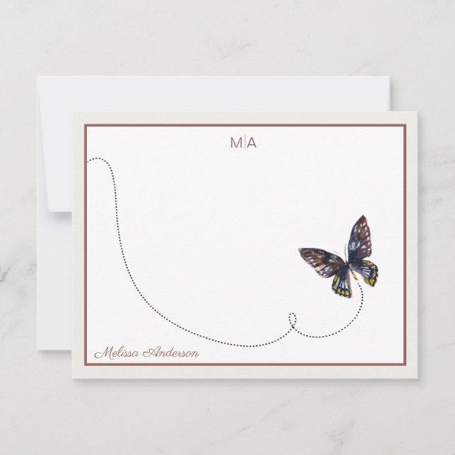 Brown Yellow Blue Butterfly Flight Monogram Name Card (Front)