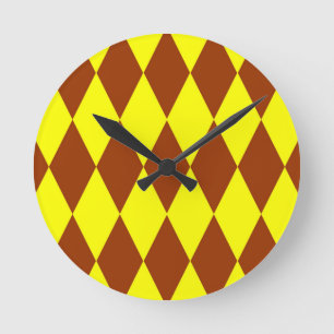 Brown Yellow Harlequin Checkered Design Round Clock
