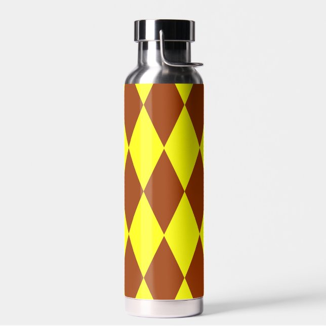 Brown Yellow Harlequin Checkered Design  Water Bottle (Left)