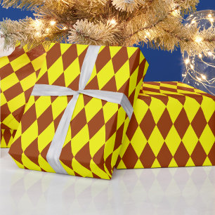 Brown Yellow Harlequin Checkered Design Wrapping Paper