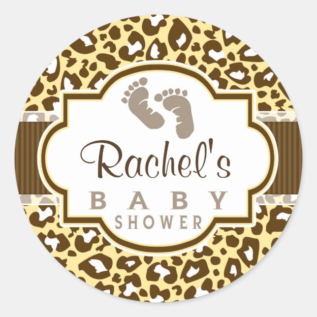 Brown, Yellow Leopard Animal Print Baby Shower Classic Round Sticker (Front)