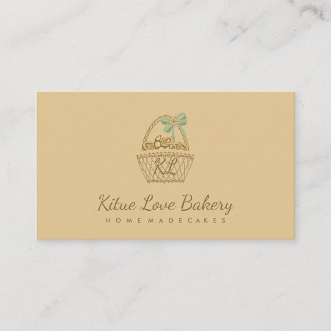 Brown Yellow Rustic Picnic Basket Bakery Croissant Business Card (Front)