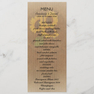 Brown yellow rustic sunflowers wedding menu card
