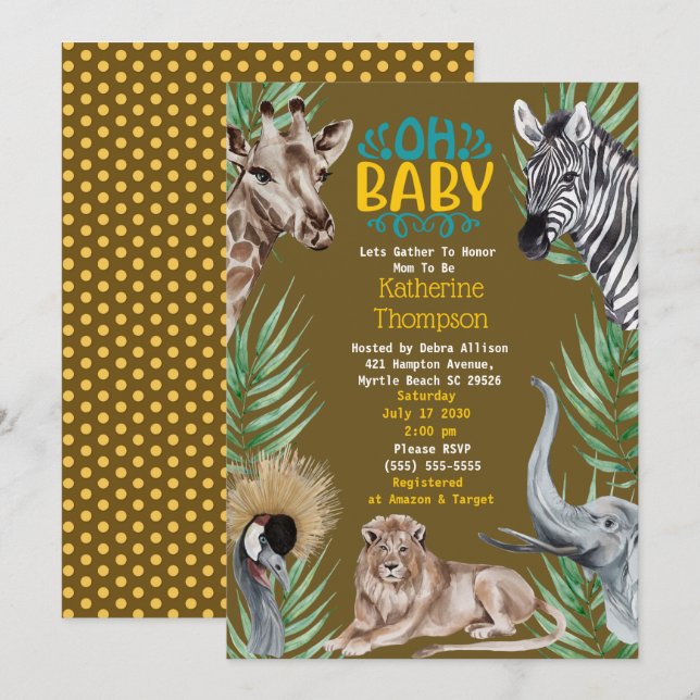  Brown Yellow Safari Jungle Animals Baby Shower  Invitation (Front/Back)
