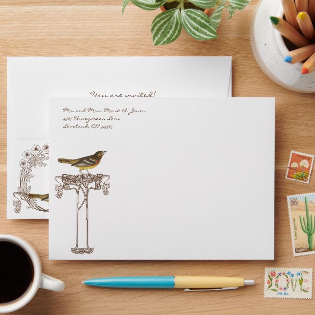 Brown & Yellow Vintage Bird Tree Wedding Envelopes (Desk)