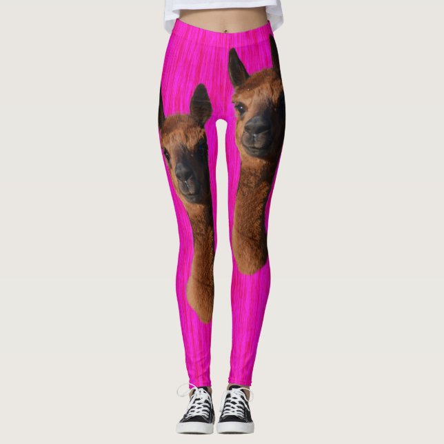 Brown Young Alpacas On Hot Pink, Leggings (Front)
