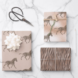 Brown Zebra Blush Peach Ombre Wrapping Paper Sheet