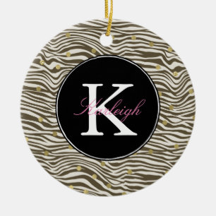 Brown Zebra Print Gold Confetti Monogram Ceramic Tree Decoration