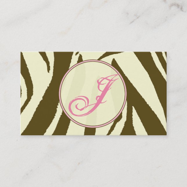Brown Zebra Print / Pink  Monogram Business Card (Front)