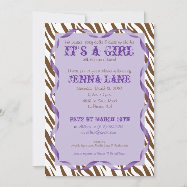 Brown Zebra Print Purple Ribbon Baby Shower Invite (Front)