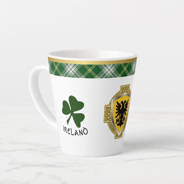 Browne Irish Shield & Tartan Personalised Latte Mug (Left Angle)