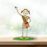 Brownie Girl Scouting | Brunette Photo Sculpture Decoration<br><div class="desc">Cute,  brunette,  brownie in ponytails wearing a brown uniform and sash,  red cookie box,  standing in grass waving.</div>