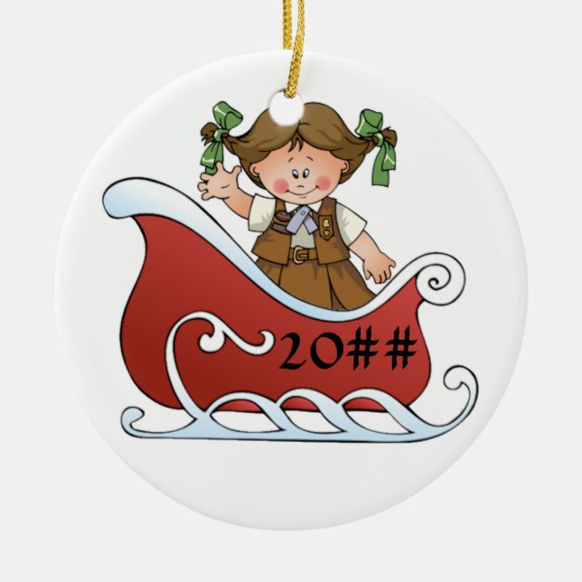 Brownie Scout Sled Brunette Ceramic Tree Decoration (Front)