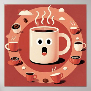 Brownish Cute funny Cartoon coffee cups  Poster