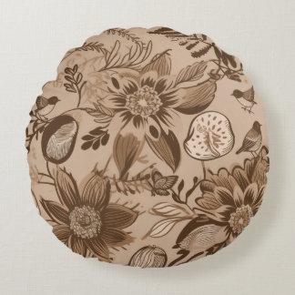 Brownish Floral and Birds Round Cushion