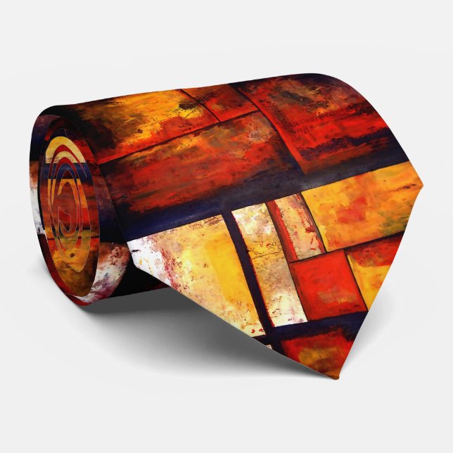 Brownish Red Yellow Modern Art Abstract Tie (Rolled)