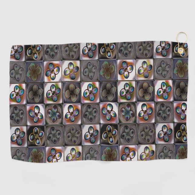 Brownish square mosaic of tile with flower drawing golf towel (Horizontal)