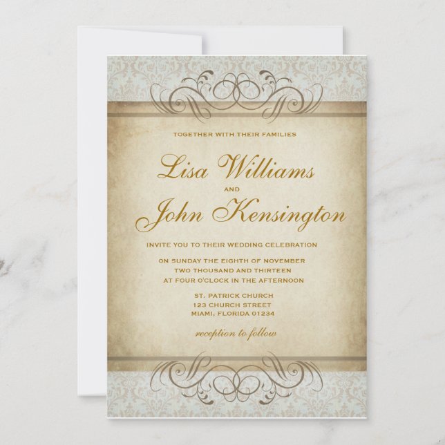 Brownish Vintage Damask Wedding Invitation (Front)