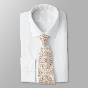 Browns and White Mandala Kaleidoscope Medallion Tie