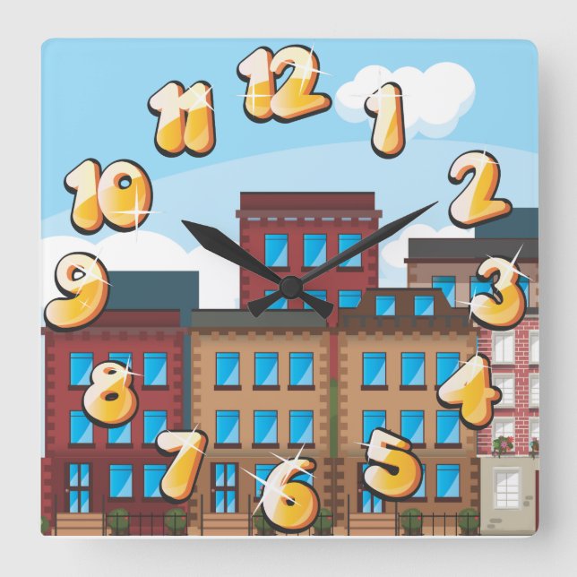 Brownstone Buildings Square Wall Clock (Front)