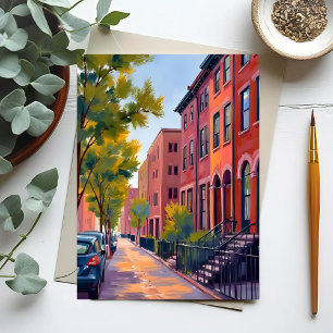 Brownstone City Street   Boston Brick Watercolor  Postcard