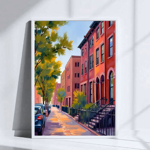 Brownstone City Street Boston Brick Watercolor Poster