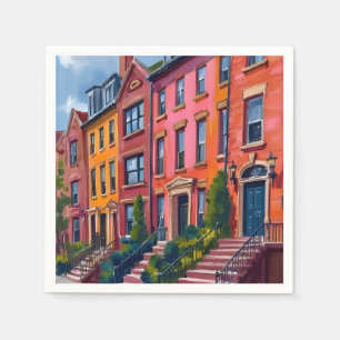Brownstone City Street Watercolor Painting Napkin