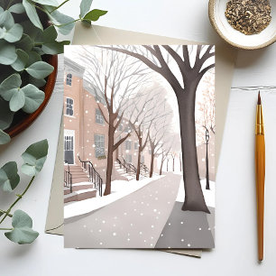 Brownstone Street Snowy Winter Watercolor Postcard