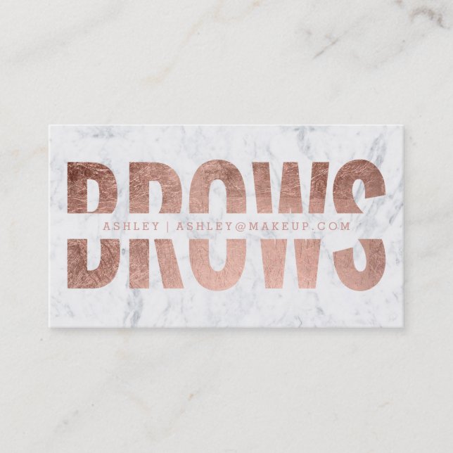 Brows cut out faux rose gold typography marble business card (Front)