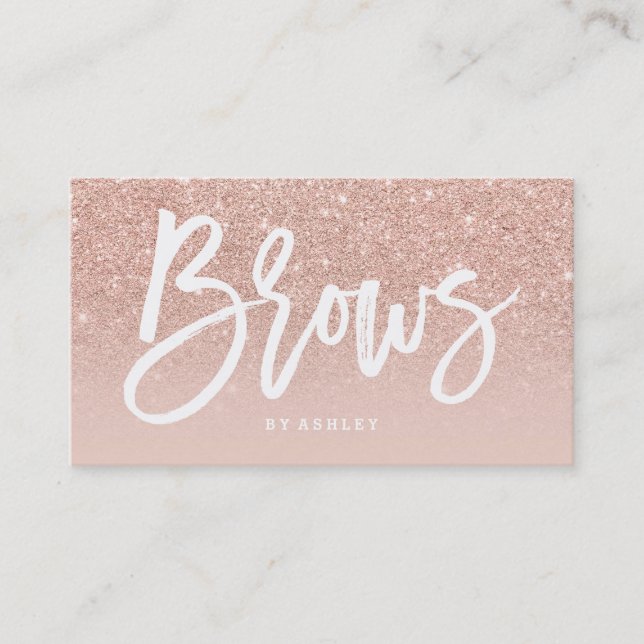 Brows elegant typography blush rose gold glitter business card (Front)