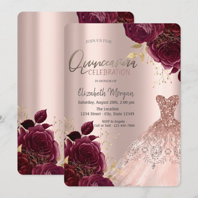 Brrgundy Flowers Rose Gold Dress Quinceañera  Invitation (Front/Back)