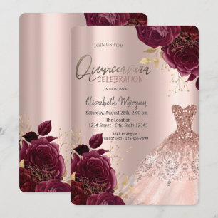 Brrgundy Flowers Rose Gold Dress Quinceañera Invitation
