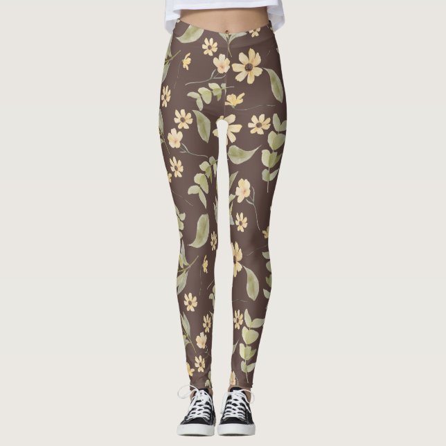 Brrown Whimsy Retro Floral  Leggings (Front)