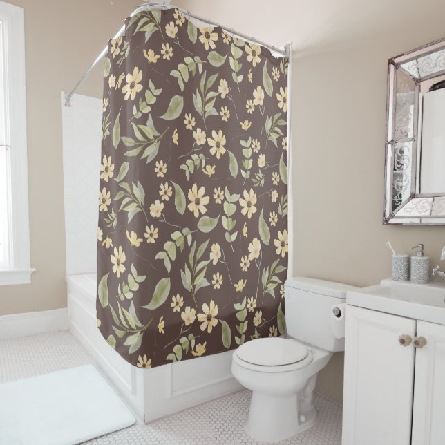 Brrown Whimsy Retro Floral  Shower Curtain (In Situ)